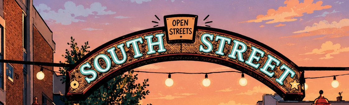The South Street arch at dusk with string lights strung across the road