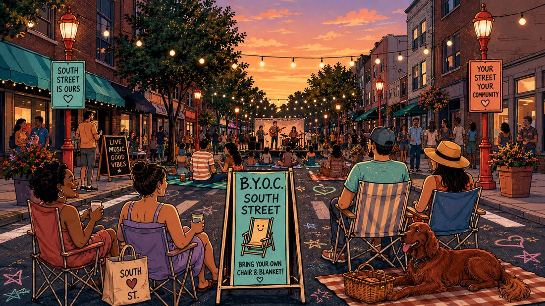 A band playing on a closed South Street at sunset while people watch from folding chairs