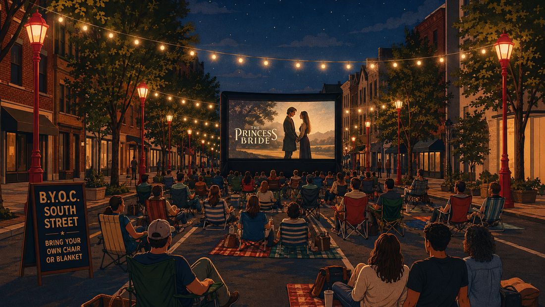An outdoor movie screen on South Street at night with the audience seated in folding chairs